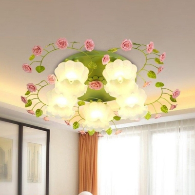 Green 5 Lights Flush Mount Fixture Countryside Frosted Glass Scalloped Ceiling Mounted Light for Living Room