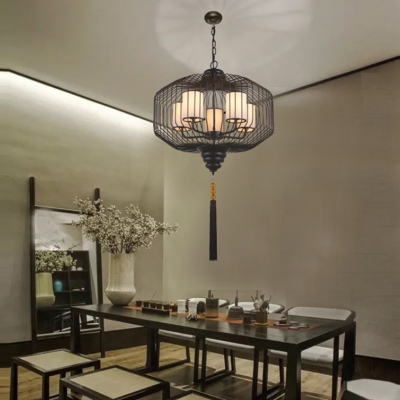 Lantern Dining Room Ceiling Pendant Traditional Metal 5 Heads Black Chandelier Light Fixture with White Fabric Shade
