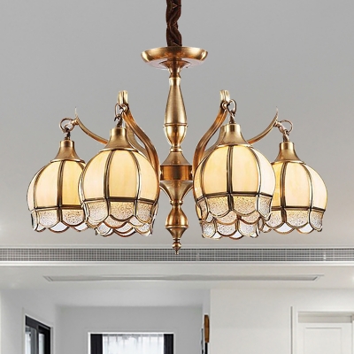 Metal Gold Ceiling Chandelier Armed 6 Bulbs Colony Hanging Light Fixture with Globe Frosted Glass Shade