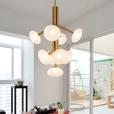Modern 9 Heads Chandelier Light Gold Round Suspended Lighting Fixture with Frosted Glass Shade