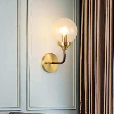 Modernist 1 Bulb Sconce Light Brass Round Wall Mounted Lighting with Clear Glass Shade