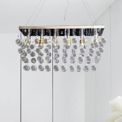Nickel Rectangle Hanging Ceiling Light Contemporary Crystal Ball 6/9 Heads Chandelier Light