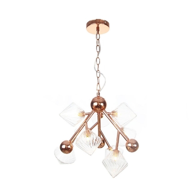 Prism Ribbed Glass Chandelier Lamp Vintage 9 Lights Dining Room Pendant Lighting in Clear/Amber