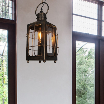 Rectangle Hanging Light Farmhouse Stylish Clear Glass 1 Bulb Restaurant Ceiling Fixture with Wire Guard in Brass