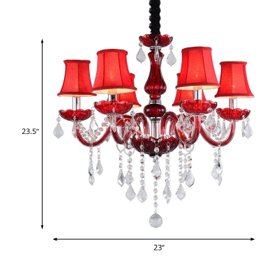 Red Conical Chandelier Light Modernism 6 Heads Beveled Glass Crystal Pendant Lighting for Bedroom