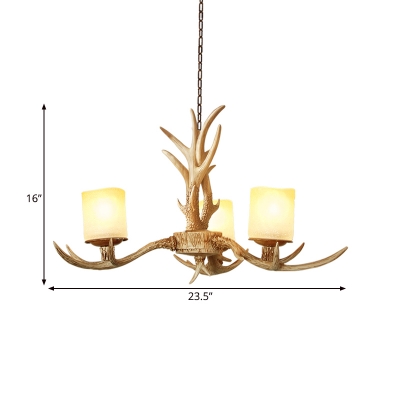 Resin Branch Chandelier Lamp Traditionary 3/6 Heads Ceiling Hanging Light in Brown with Cylinder Frosted Glass Shade