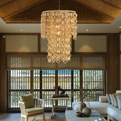 Round Bamboo Hanging Lamp Modern 1 Light Beige Pendant Lighting Fixture for Living Room
