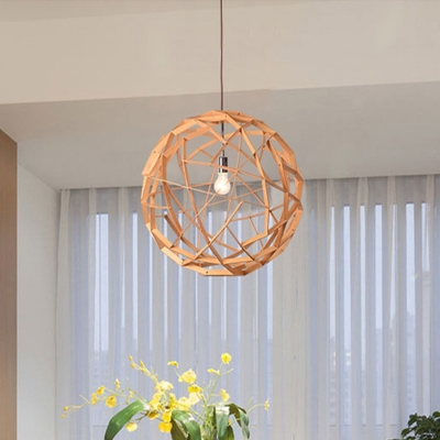 Spherical Pendant Lighting Asian Wood 1 Head Beige Ceiling Hanging Light, 16