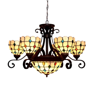 Stained Glass Dome Pendant Chandelier Tiffany-Style 9 Heads White/Red/Beige Down Lighting for Dining Room