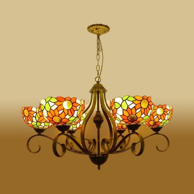 Sunflower Chandelier Lighting Tiffany Stained Glass 3/6/8 Lights Antique Brass Hanging Ceiling Light, 25.5