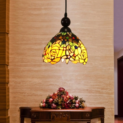 Tiffany Petal Pendant Lamp 1 Light Stained Art Glass Hanging Ceiling Light in Pink/Yellow for Corridor