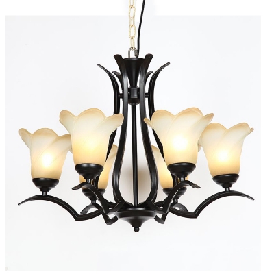 Traditional Floral Chandelier Lighting Fixture 3/6/8 Heads White Glass Pendant Ceiling Light in Black