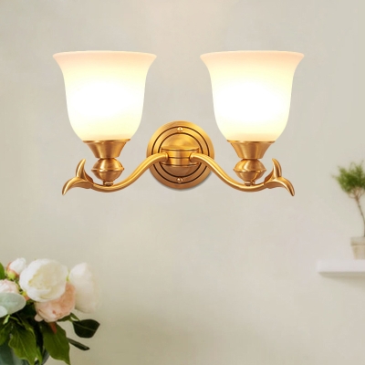 White Glass Flared Wall Lamp Modern Stylish 1/2-Light Living Room Sconce Lighting Fixture in Brass