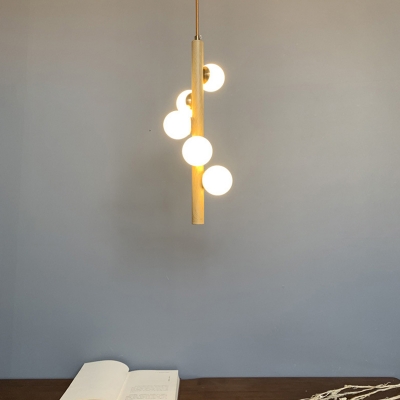 Wood Pipe Hanging Chandelier Modernist 5 Heads Beige Ceiling Pendant Light for Bedroom