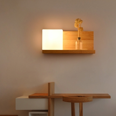 Wood Square Sconce Light Chinese 1 Bulb Milk Glass Wall Mount Lighting for Dining Room