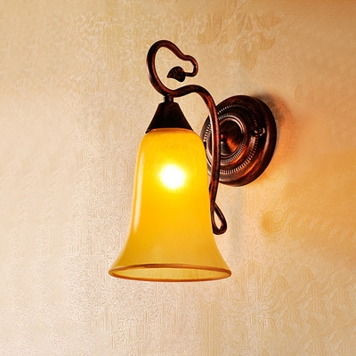 Yellow Glass Bell Sconce Light Fixture Traditional Style 1 Head Copper Finish Wall Mount Light for Bedroom