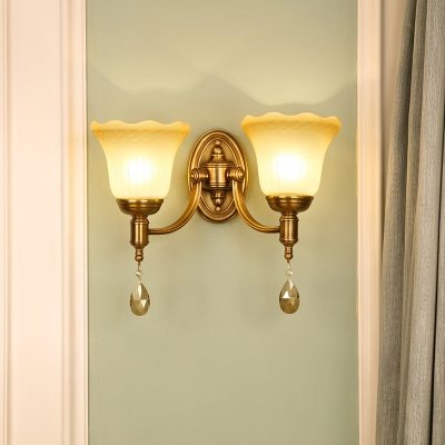 1/2-Bulb Flared Wall Mount Light Vintage Style Milk Glass Wall Lamp in Brass for Bedroom