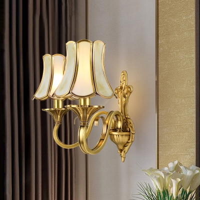 1/2 Heads Metallic Sconce Light Retro Gold Curved Arm Wall Lighting with Beveled Glass Shade