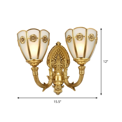 1/2-Light Opal Glass Shade Indoor Sconce Retro Carved Gold Finish Floral Wall Lamp