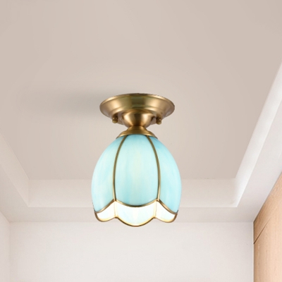 1 Bulb Flower Ceiling Mount Traditional Yellow/Blue/Pink Glass Flush Light Fixture for Living Room