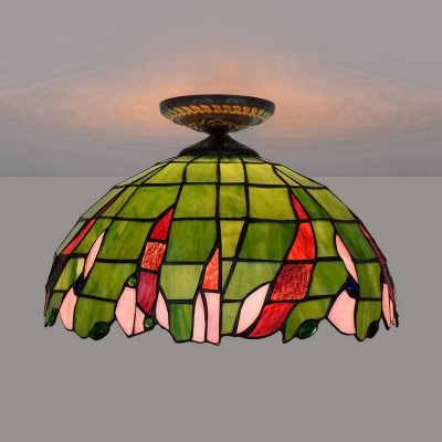 1 Light Beaded Ceiling Lamp Tiffany Brass Stained Art Glass Flush Mount Lighting