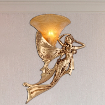 1 Light Wall Light Fixture Country Style Bell Amber Glass Wall Mount Lighting with Golden Mermaid Design, Left/Right