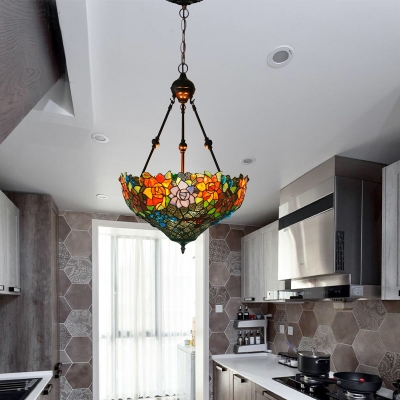 2/3 Bulbs Blossom Chandelier Lighting Tiffany Red/Green/Orange Stained Glass Pendant Light for Living Room
