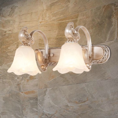 2/3 Lights Bathroom Vanity Wall Light Lodge Style Khaki Wall Sconce Lamp with Petal White Glass Shade