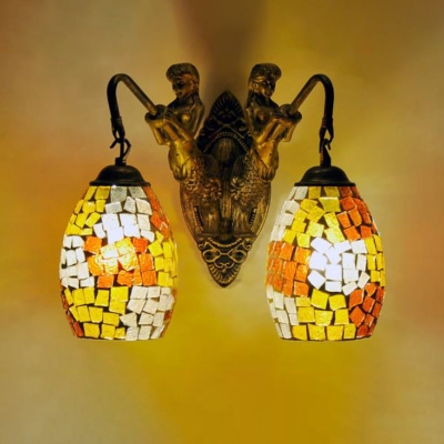 2 Lights Domed Shaped Sconce Light Mediterranean Red/Yellow/Rose Red Stained Art Glass Wall Lamp for Living Room