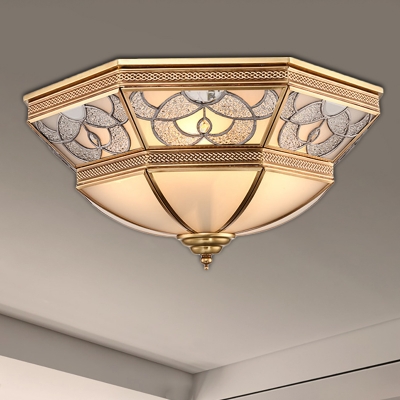 4 Lights Bedroom Ceiling Mounted Fixture Classic Brass Flush Mount Light with Faceted Curved Frosted Glass Shade