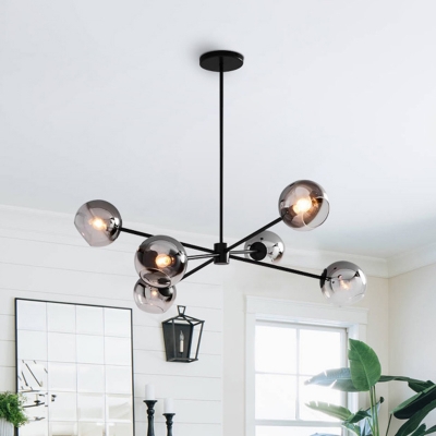 6 Heads Living Room Hanging Chandelier Modern Black Ceiling Pendant Light with Ball Smoke Glass Shade