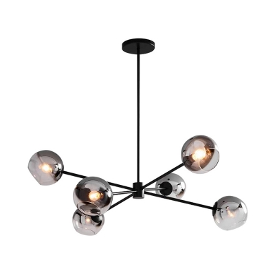 6 Heads Living Room Hanging Chandelier Modern Black Ceiling Pendant Light with Ball Smoke Glass Shade