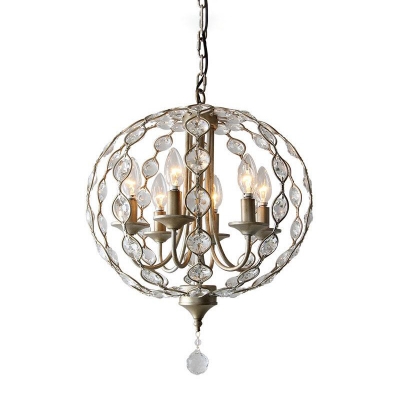 6 Heads Spherical Chandelier Lighting Traditional Crystal Hanging Ceiling Light in Aged Silver