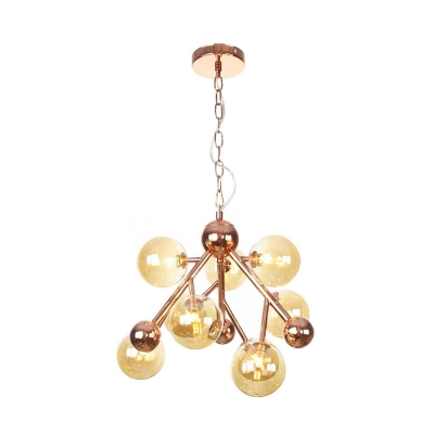 9 Lights Living Room Ceiling Lamp Industrial Copper Chandelier Pendant Light with Globe Amber/Clear/Smoke Gray Glass Shade