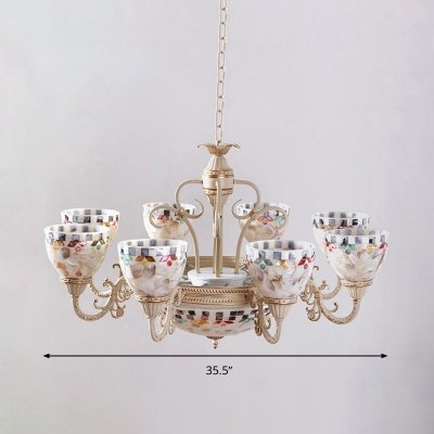 Baroque Domed Chandelier Lighting Fixture 3/5/9 Lights Stained Glass Hanging Pendant in White for Living Room