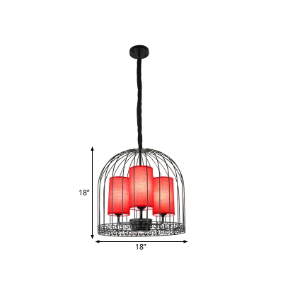 Birdcage Metal Chandelier Lighting Traditional 3/5 Heads Black/Gold Suspension Light with Red Fabric Cylinder Shade
