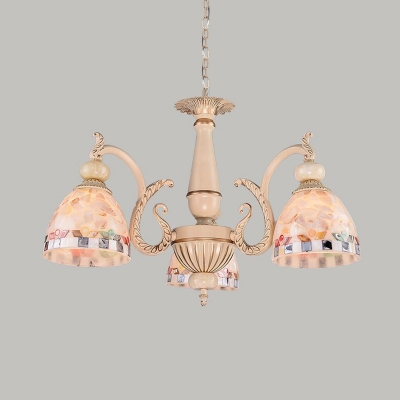 Bowl Shape Hand-Crafted Glass Hanging Chandelier Tiffany-Style 3/5/9 Lights Beige Suspension Pendant