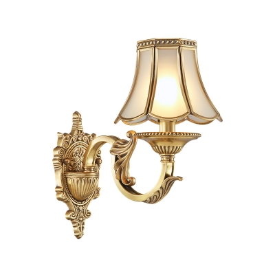 Brass 1/2-Light Wall Light Sconce Traditional Metal Flared Wall Mounted Lamp with Ivory Glass Shade