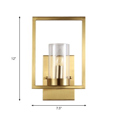 Brass Cylindrical Wall Sconce Contemporary 1 Bulb Clear Glass Wall Light Fixture with Frame