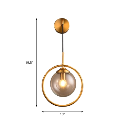 Brass Finish Orbit Wall Lamp Contemporary Single Smoke Gray/Clear/Amber Glass Sconce Light Fixture