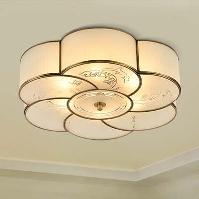 Brass Flower Flush Mount Lighting Traditional Curved Frosted Glass 3/4 Lights Bedroom Ceiling Fixture