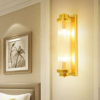 Clear Glass Gold Wall Mount Lighting Cylinder 2 Bulbs Traditional Flush Wall Sconce for Bedroom