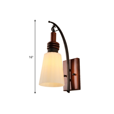 Conical Frosted Glass Wall Sconce Light Lodge Style 1 Head Red Brown Wall Lighting with Wooden Backplate