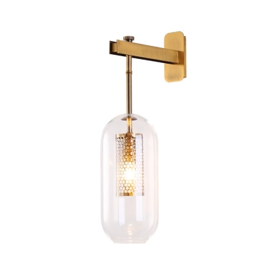 Contemporary 1 Light Sconce Light Metal Brass Finish Tube Wall Mount Lamp with Clear Glass Capsule Shade