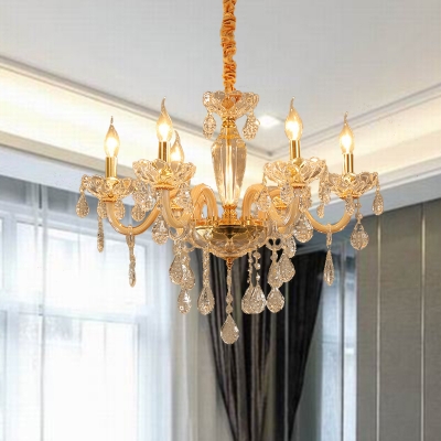 Crystal Drop Beige Pendant Lighting Fixture Candle 6/10 Heads Simple Style Ceiling Chandelier