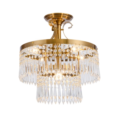Crystal Round Semi Flush Mount Modernism 6 Heads Brass Ceiling Light Fixture for Dining Room