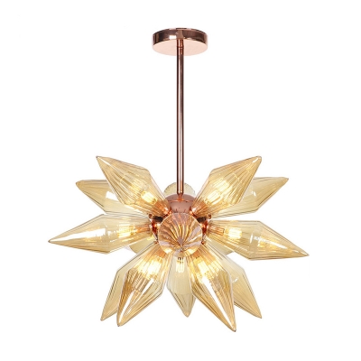 Diamond Amber Glass Chandelier Modern 9/12 Lights Rose Gold Ceiling Pendant Light for Living Room