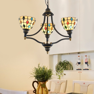 Domed Chandelier Lamp Tiffany Multicolored Stained Glass 3/5/6 Heads Black and Gold Suspension Light