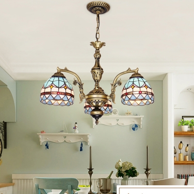 Domed Chandelier Pendant Light 3/5/9 Lights Stained Glass Victorian Ceiling Suspension Lamp in Blue