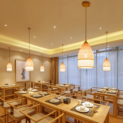 Elongated Dining Room Pendant Lighting Bamboo 1 Light Modern Hanging Light Fixture in Beige